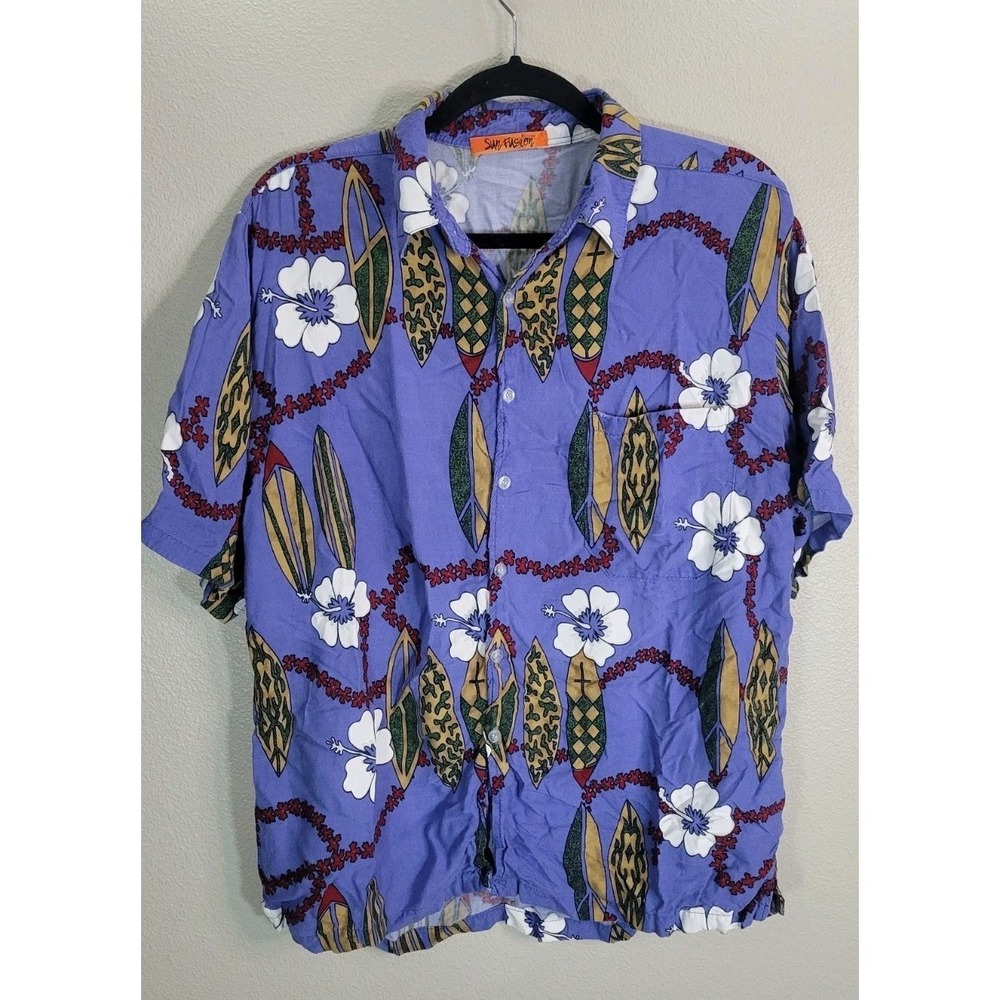 Sun‎ Fusion Surfboard Print Hawaiian Shirt Mens Rayon Aloha Beach Button Up